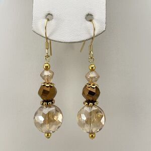 18K Gold Plated Champagne Brown Glass Beaded Dangle Earrings Artisan New